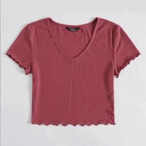 V Neck Lettuce Trim Rib-knot Crop Top